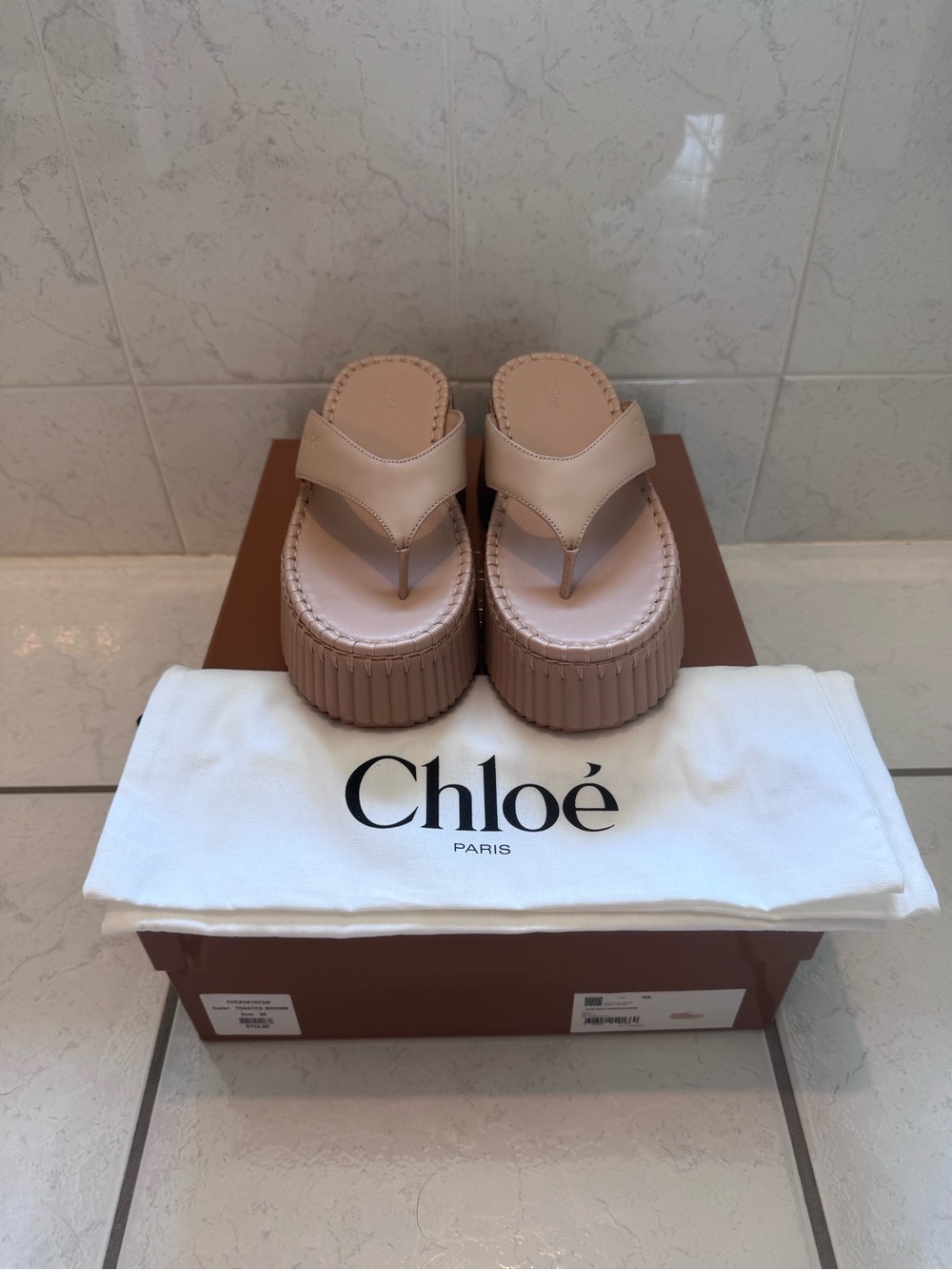 Chloé Nama Wedge Platform Slides Toasted Brown Leather Size 36